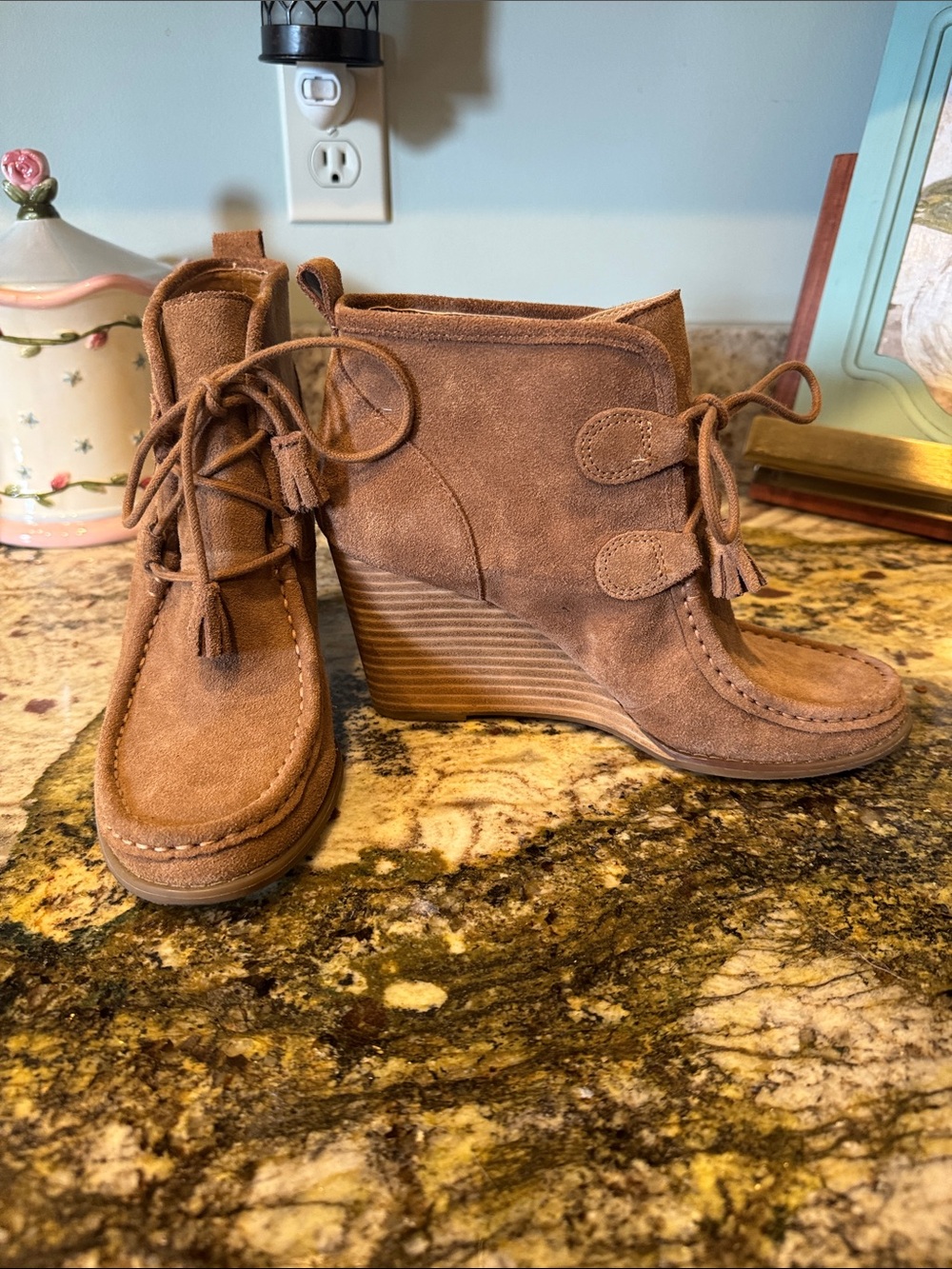 Lucky Brand Women’s Tan Suede Wedge Ankle Booties with Tassel Laces